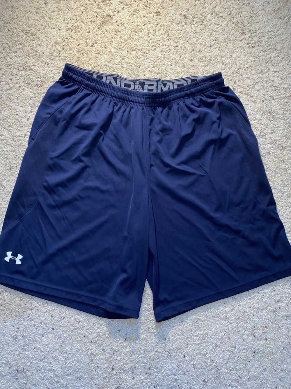 Under Armour Mens Large Drawstring Navy Blue Mesh Pocket UA Logo Gym Shorts